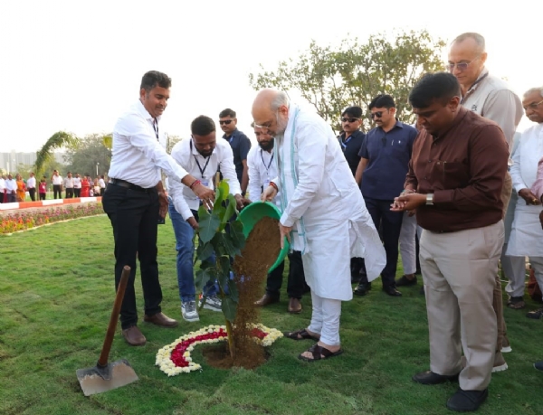 Union Home Minister Amit Shah inaugurating the renovated village pond at Shela village