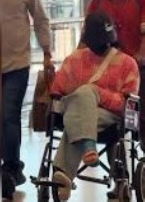 Rashmika Mandanna seen in a wheelchair at Hyderabad airport