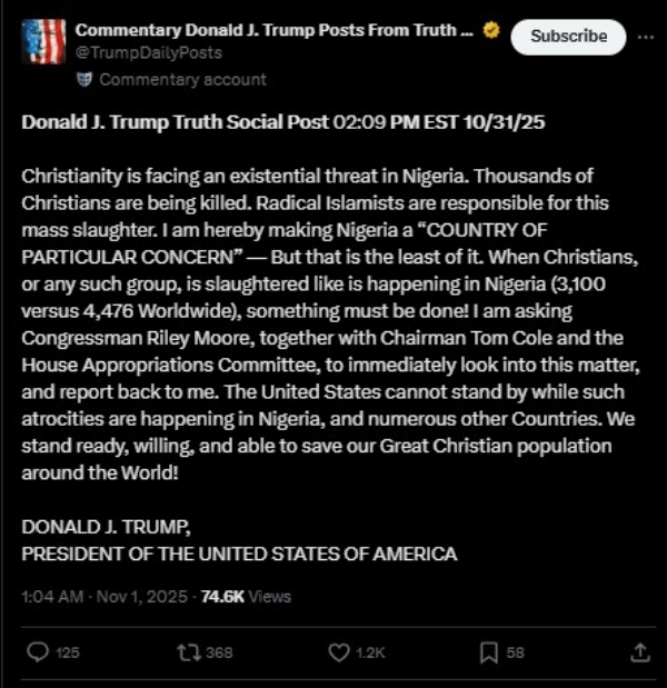 નાઇજીરીયામાં ખ્રિસ્તી ધર્મ ખતરામાં છે - ટ્રમ્પે બોલ્ડ દાવો કર્યો, ખાસ દેખરેખનો આદેશ નાઇજીરીયામાં ખ્રિસ્તી ધર્મ ખતરામાં છે - ટ્રમ્પે બોલ્ડ દાવો કર્યો, ખાસ દેખરેખનો આદેશ