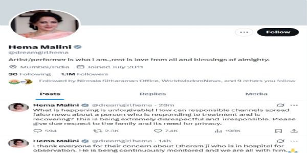 હેમા માલિનીએ કહ્યું કે, ધર્મેન્દ્રના મૃત્યુના સમાચાર ખોટા છે, તેઓ સ્વસ્થ થઈ રહ્યા છે
