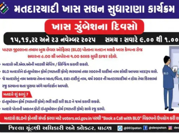 પાટણ જિલ્લામાં મતદાર યાદી સુધારણા માટે વિશેષ કેમ્પનું આયોજન પાટણ જિલ્લામાં મતદાર યાદી સુધારણા માટે વિશેષ કેમ્પનું આયોજન