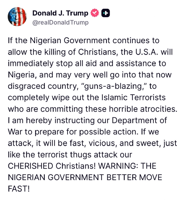 ટ્રમ્પે નાઇજીરીયા પર ફરી પ્રહારો કર્યા, યુએસ યુદ્ધ વિભાગને કાર્યવાહી માટે તૈયાર રહેવાનો નિર્દેશ