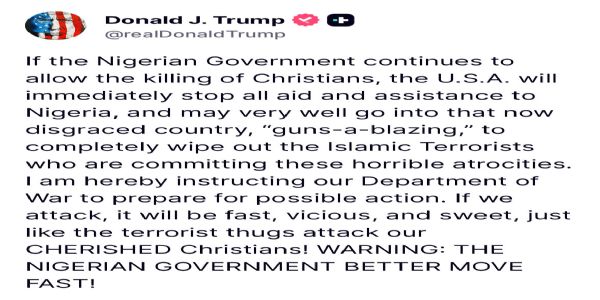 ટ્રમ્પે નાઇજીરીયા પર ફરી પ્રહારો કર્યા, યુએસ યુદ્ધ વિભાગને કાર્યવાહી માટે તૈયાર રહેવાનો નિર્દેશ
