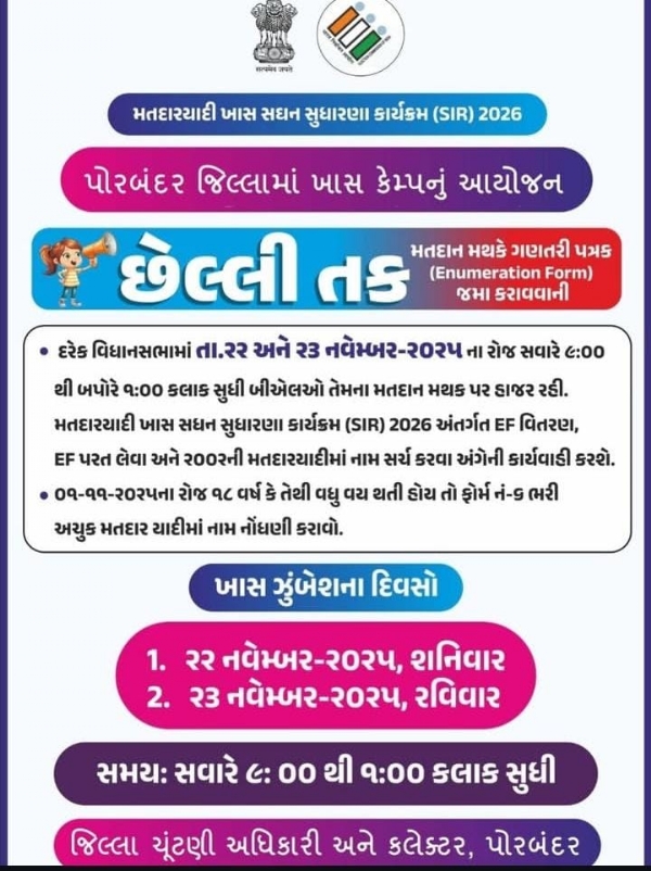 પોરબંદર જિલ્લામાં મતદારયાદી ખાસ સઘન સુધારણા કાર્યક્રમ (SIR) 2026અંતર્ગત ખાસ કેમ્પનું આયોજન.