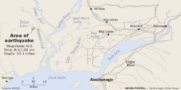 અલાસ્કાના એન્કોરેજ મેટ્રોપોલિટન વિસ્તારમાં 6.0 ની તીવ્રતાનો ભૂકંપ