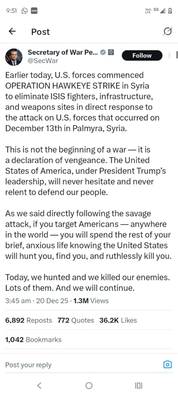 સીરિયાના ગ્રામીણ વિસ્તારોમાં ઇસ્લામિક સ્ટેટના ડઝનબંધ ઠેકાણાઓ પર હવાઈ હુમલા