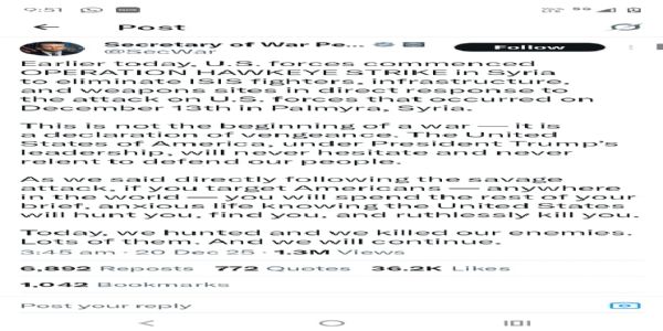 સીરિયામાં આઈએસઆઈએસ ના 70 ઠેકાણાઓ પર અમેરિકી હવાઈ હુમલા, તેને બદલો લેવાની કાર્યવાહી ગણાવી