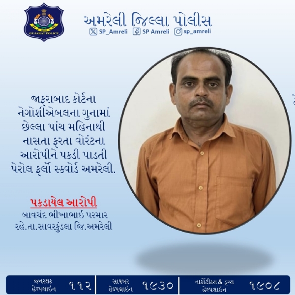 જાફરાબાદ કોર્ટના નેગોશીએબલ ગુનામાં પાંચ મહિનાથી ફરાર વોરંટ આરોપી પેરોલ-ફર્લો સ્ક્વોર્ડે ઝડપી પાડ્યો