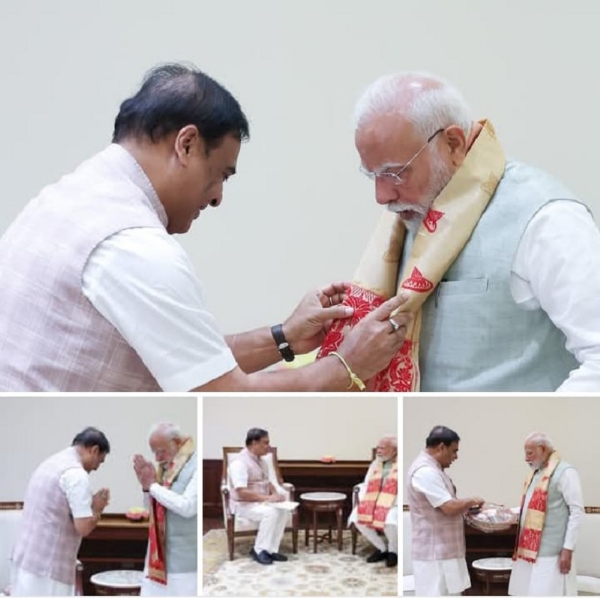 નવી દિલ્હીમાં પ્રધાનમંત્રી નરેન્દ્ર મોદી સાથે મુલાકાત કરતા આસામ ના મુખ્યમંત્રી સરમા