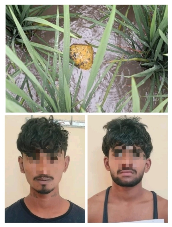 પકડાયેલ  બે દાણચોરો અને હેરોઈન