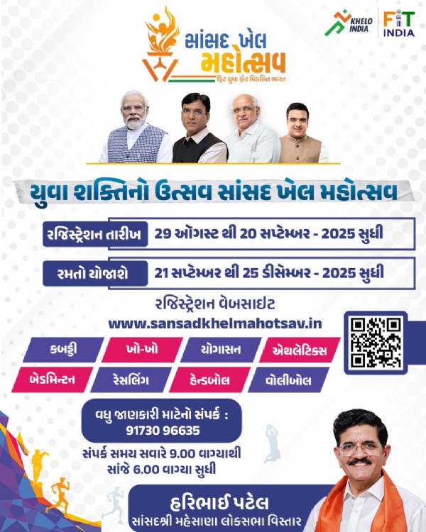 મહેસાણા સાંસદ દ્વારા સાંસદ ખેલ મહોત્સવ-2025નું આયોજન : યુવા પ્રતિભાઓને મળશે તક