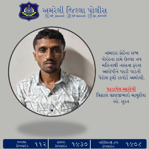 નામદાર કોર્ટના સજા વોરંટમાં ફરાર આરોપી ઝડપાયો: પેરોલ-ફર્લો સ્ક્વોડ અમરેલીની મોટી સફળતા નામદાર કોર્ટના સજા વોરંટમાં ફરાર આરોપી ઝડપાયો: પેરોલ-ફર્લો સ્ક્વોડ અમરેલીની મોટી સફળતા