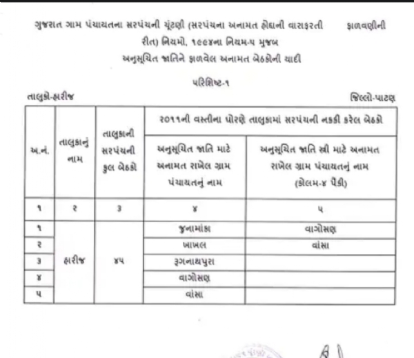 પાટણ જિલ્લામાં 176 ગ્રામ પંચાયતોના સરપંચ પદનું અનામત રોટેશન જાહેર