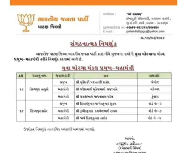 સિદ્ધપુર ભાજપ યુવા મોરચામાં નવી નિમણૂકો જાહેર