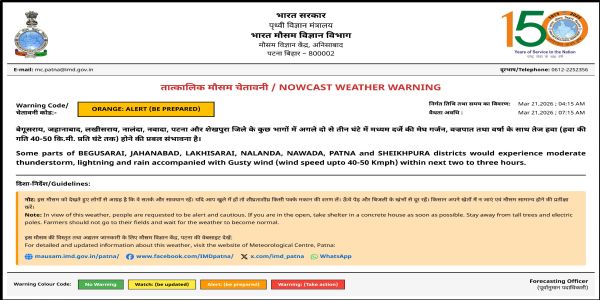 બિહારમાં વીજળી પડવાથી બે લોકોના મોત, ભારે વરસાદ અને વાવાઝોડાથી પાકને નોંધપાત્ર નુકસાન