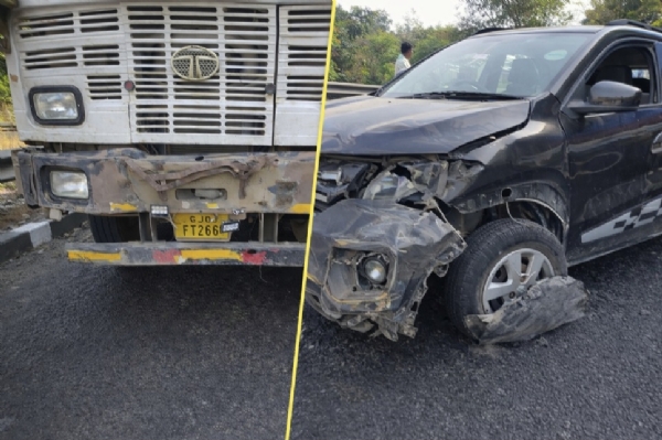 ટ્રકની ટક્કર બાદ ડિવાઇડર સાથે અથડાયેલી કાર