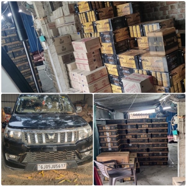 દમણમાં કોષ્ટલ પોલીસની કાર્યવાહી દરમિયાન જપ્ત કરાયેલ ગેરકાયદે દારૂની પેટીઓ અને બોલેરો કાર નજરે પડે છે.