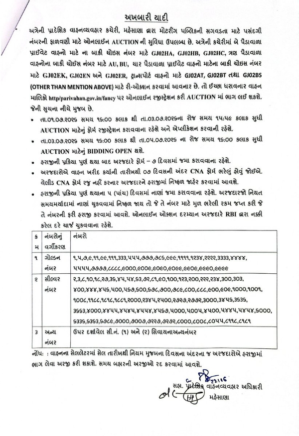 મહેસાણા આરટીઓ દ્વારા વાહનોના પસંદગીના નંબર માટે ઓનલાઇન ઈ-હરાજી યોજાશે