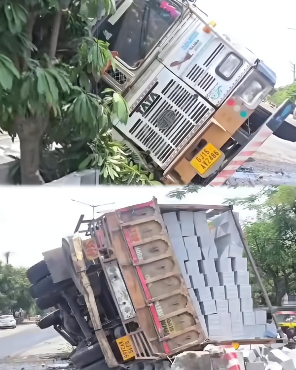 બ્લોક ભરેલો ટ્રક પલટી