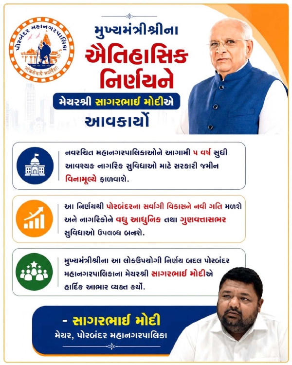 નવરચિત મહાનગરપાલિકાઓને મુખ્યમંત્રીની ઐતિહાસિક ભેટને મેયર સાગરભાઈ મોદીએ આવકારી.