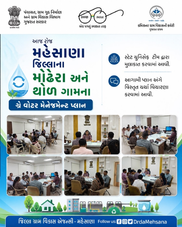 મોઢેરા અને થોળમાં ગ્રે વોટર મેનેજમેન્ટ પ્લાનની સ્ટેટ યુનિસેફ ટીમે કરી સમીક્ષા