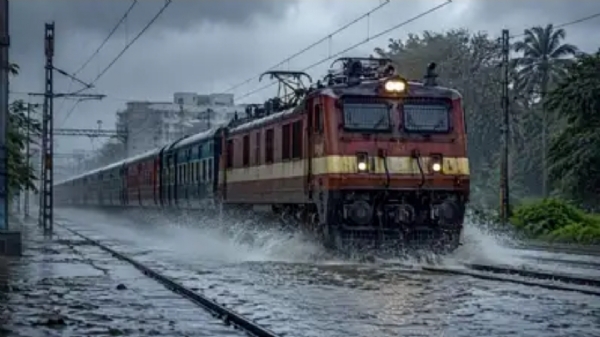 जलमन्ग रेल पटरियों से रेल यात्रा बाधित की Ai फ़ोटो