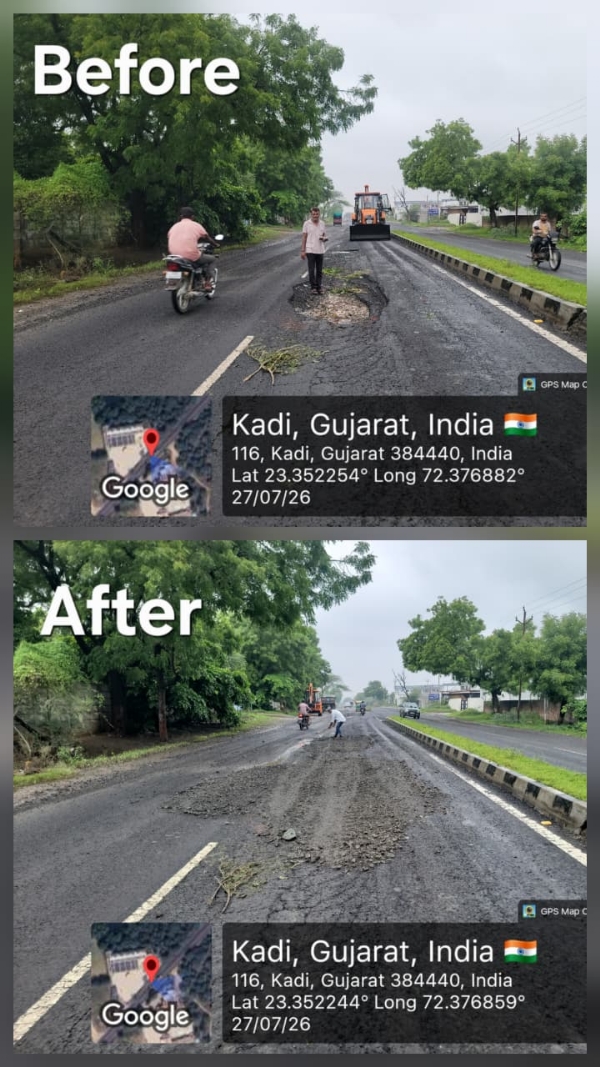 વરસાદ બાદ કડી–નંદાસણ રોડ પર માર્ગ મરામતની કામગીરી શરૂ